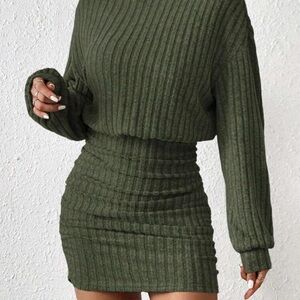 Ribbed Knit Olive Green Dress